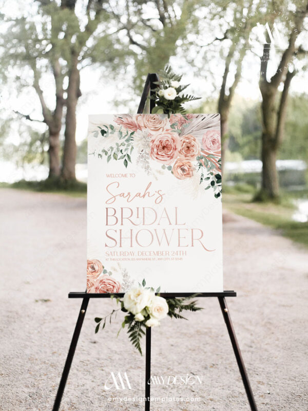 Rustic Dusty Pink Bridal Shower Welcome Sign Template | Floral Wedding Signage Printable