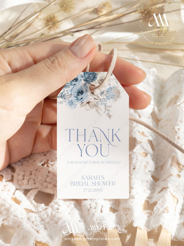 Blue Floral Wedding Tags Template | Editable Thank You Labels | Circle Round Square Rectangle