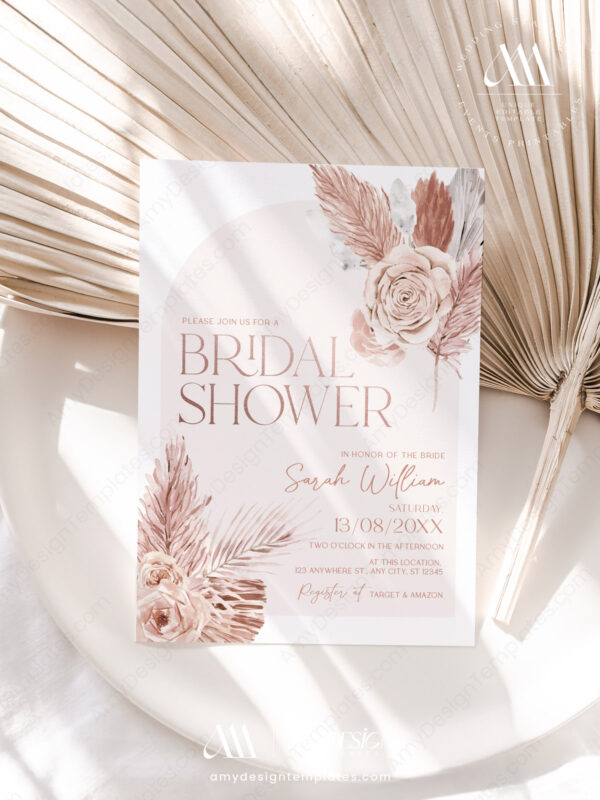 Alternative view of Boho Arched Bridal Shower Invitation Editable | Dusty Pink Template Printable