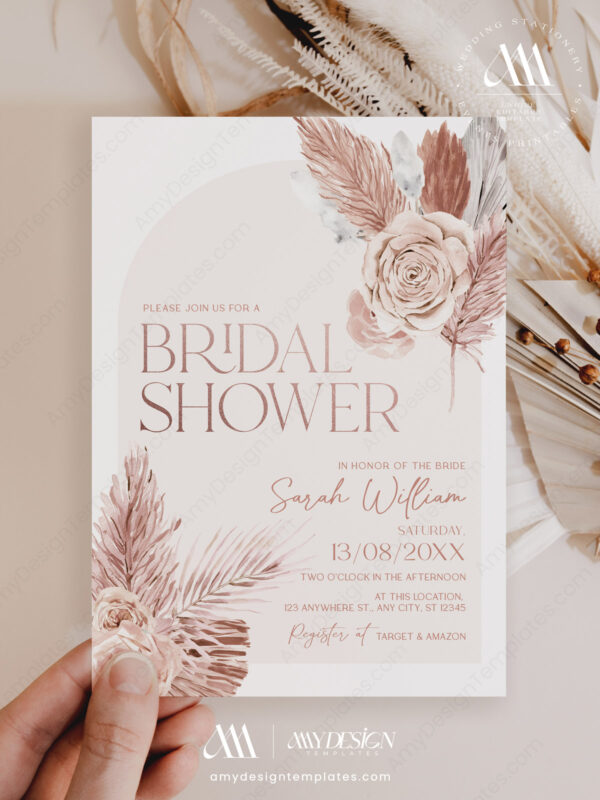Boho Arched Bridal Shower Invitation Editable | Dusty Pink Template Printable