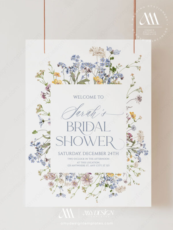 Wildflower Bridal Shower Invite Template | Editable Whimsical Garden Invitation Printable Card Welcome To Bridal Shower Sign Template Wildflower | Botanical Wedding Shower Poster Large Signage