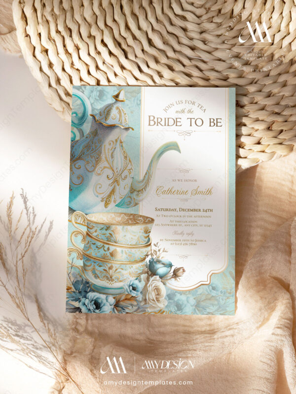 English Tea Party Bridal Shower Invitation Template Editable