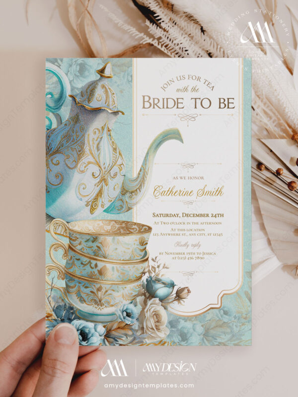 English Tea Party Bridal Shower Invitation Template Editable