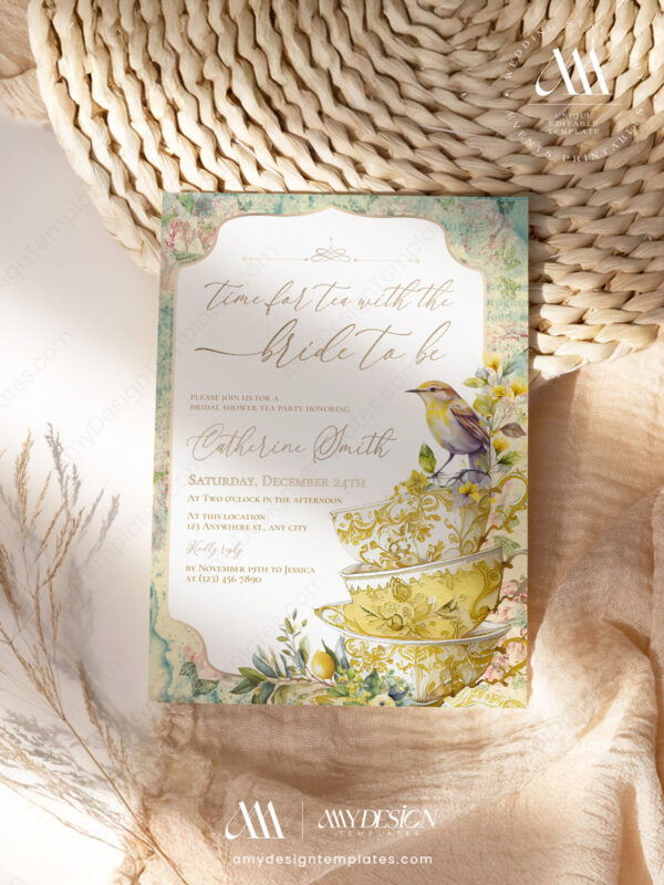 Time for Tea Yellow Bridal Shower Invitation Template Editable