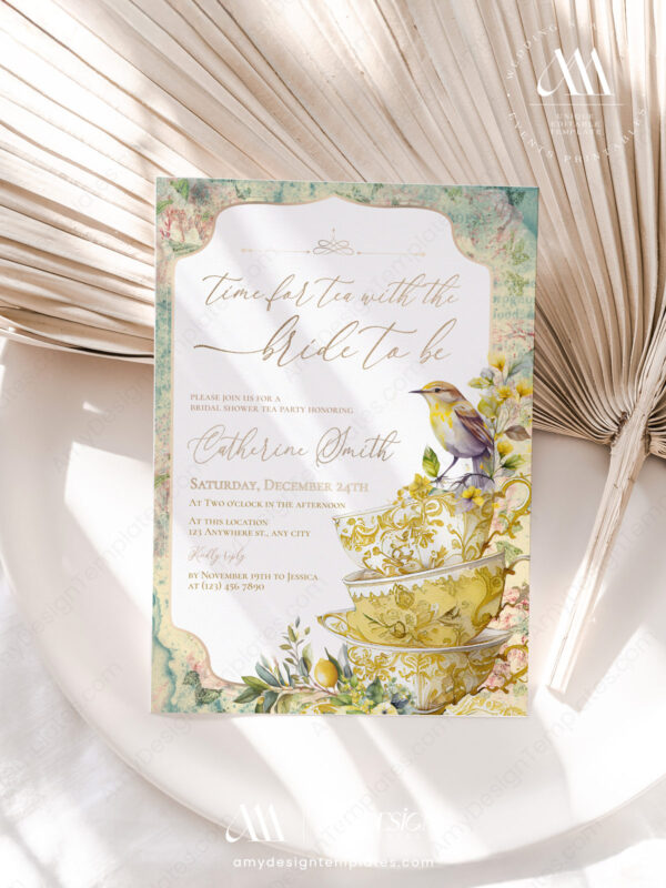 Time for Tea Yellow Bridal Shower Invitation Template Editable