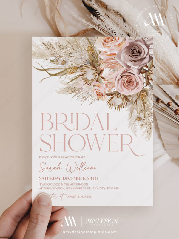 Dusty Roses Boho Bridal Shower Invitation Template Editable