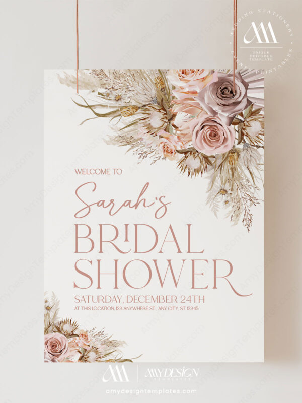 Alternative view of Pink Bohemian Welcome to Bridal Shower Sign Template | Boho Pampas Wedding Shower Signage