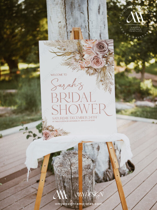 Pink Bohemian Welcome to Bridal Shower Sign Template | Boho Pampas Wedding Shower Signage