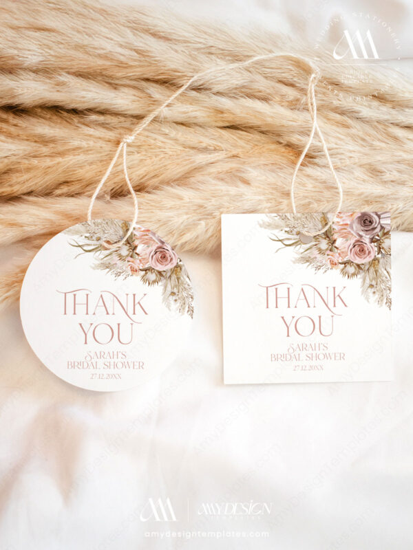 Pink Boho Favor Tags Template Customized | Pampas Bohemian Wedding Thank You Tags Printable