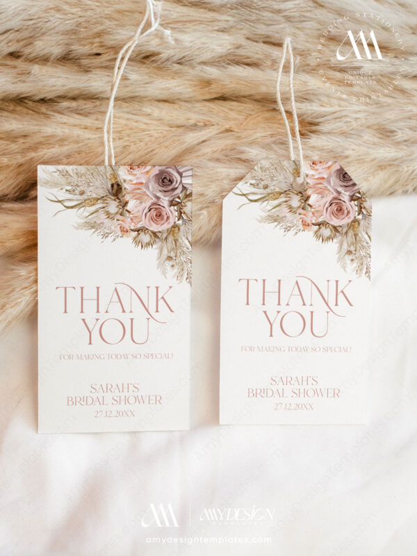 Pink Boho Favor Tags Template Customized | Pampas Bohemian Wedding Thank You Tags Printable