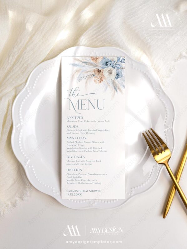 Blue Floral Menu Template | Rustic Boho Wedding or Bridal Shower | Editable Printable Menu | Instant Download