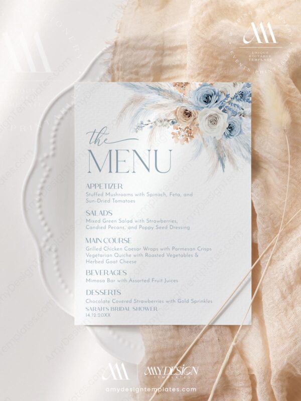Alternative view of Blue Floral Menu Template | Rustic Boho Wedding or Bridal Shower | Editable Printable Menu | Instant Download