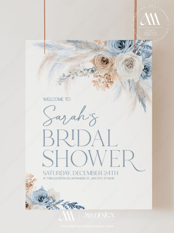 Boho Blue Pampas Printable Bridal Shower Signs | Welcome Bridal Shower Sign Printable