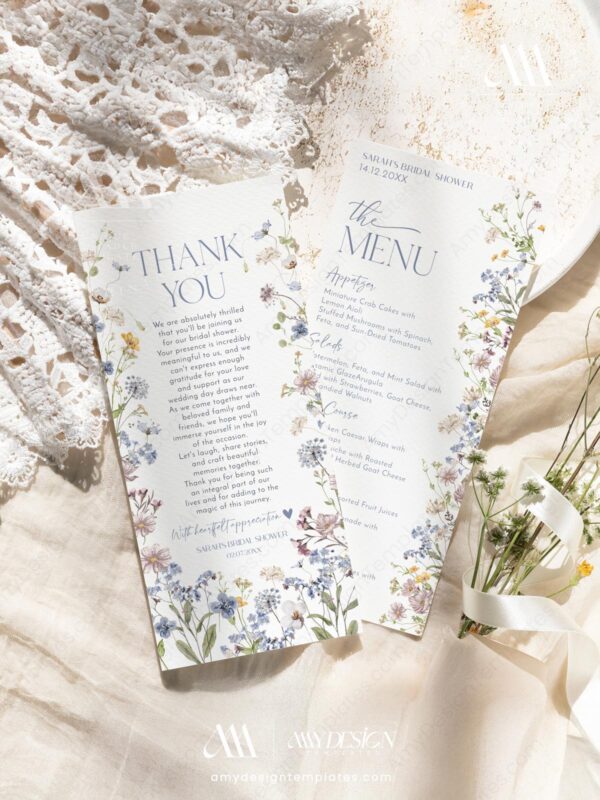 Wildflower Wedding Menu Cards | Place Settings Template | Shower Menu Template | Dessert Menu Card