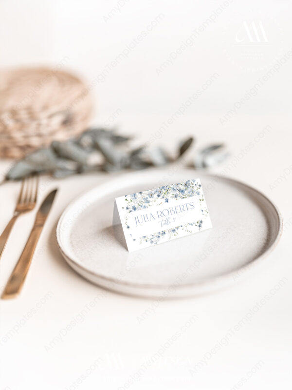 Blue Floral Wildflower Place Card Template