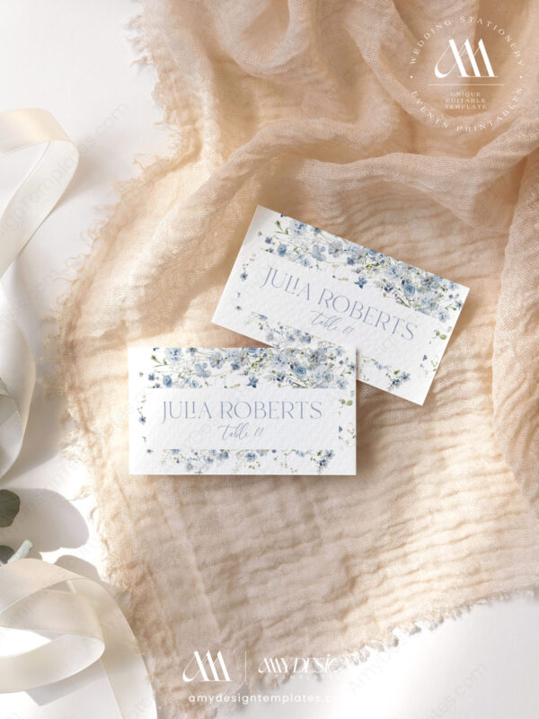 Blue Floral Wildflower Place Card Template