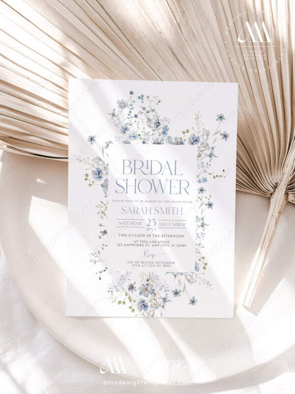 Dusty Blue Boho Wildflower Invitation Template