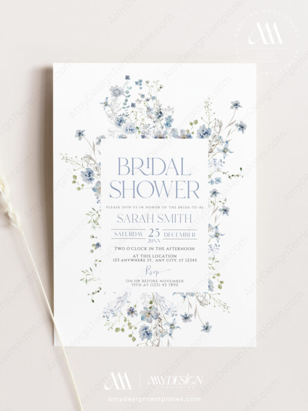 Dusty Blue Boho Wildflower Invitation Template