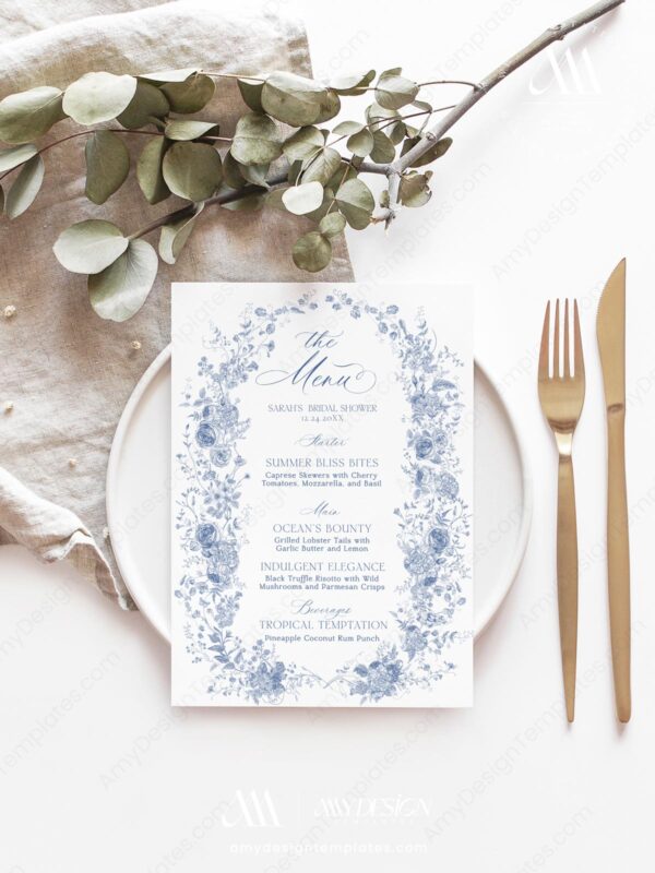 Alternative view of Something Blue Bridal Shower Menu Template | French Toile Wedding Menu Template | Vintage Menu Cards