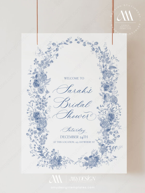 Alternative view of Something Blue Bridal Shower Sign Printable | Monogram Welcome Poster Template Download