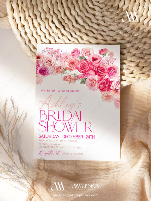 Hot Pink Floral Bridal Shower Invitation Card Printable