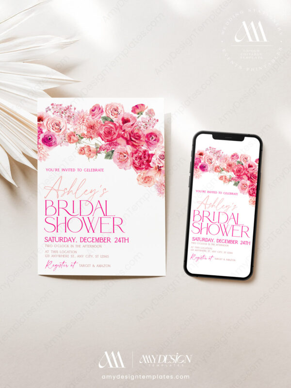 Hot Pink Floral Bridal Shower Invitation Card Printable