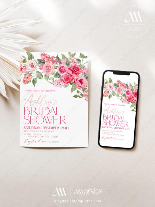 Editable Hot Pink Floral Bridal Shower Invitation Printable