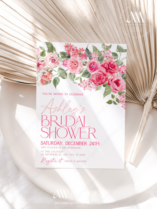 Editable Hot Pink Floral Bridal Shower Invitation Printable