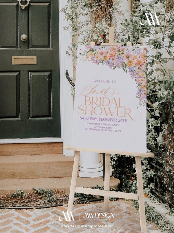 Spring Floral Bridal Shower Signage Printables | Peach Purple Welcome Poster Template