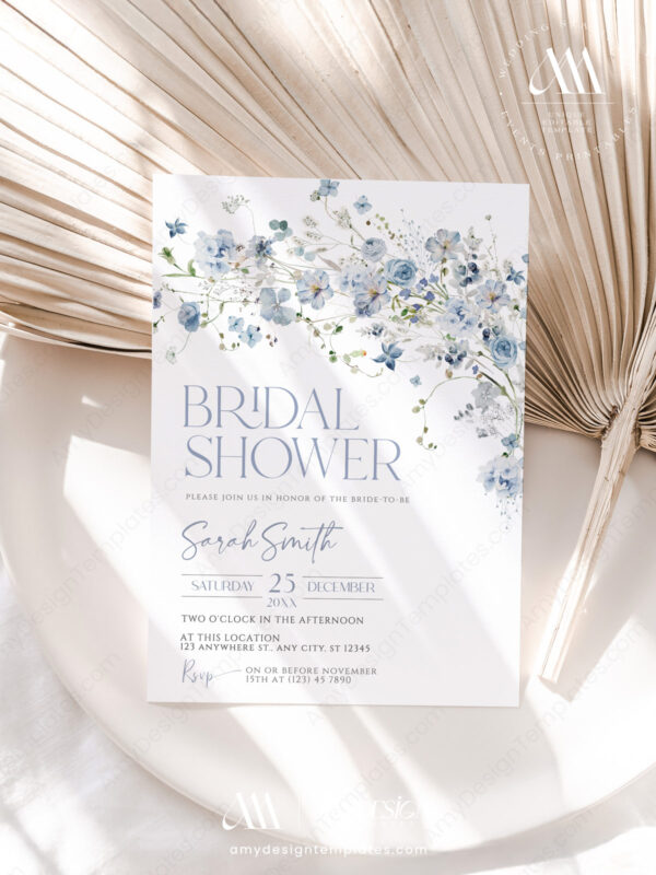 Blue Floral Wildflower Bridal Shower Invitation Template