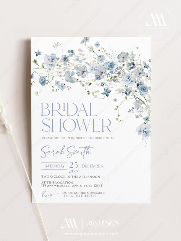Blue Floral Wildflower Bridal Shower Invitation Template