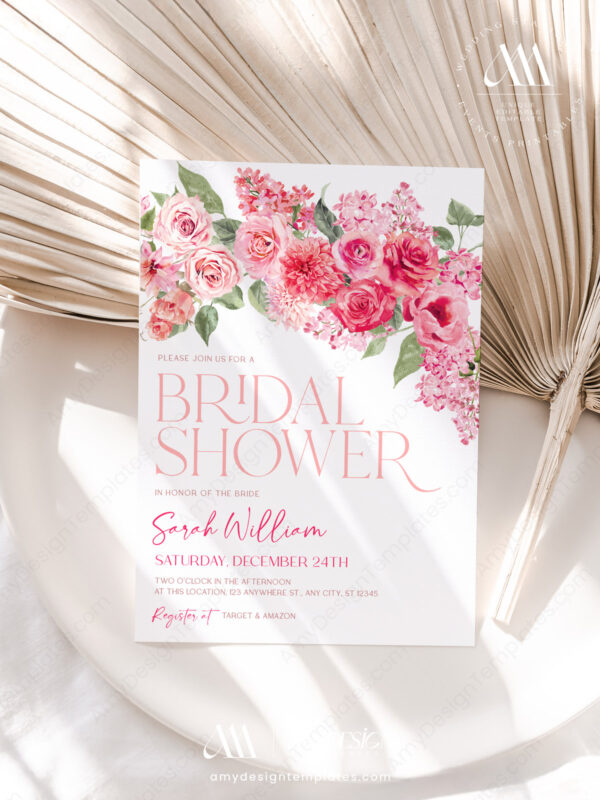 Hot Pink Floral Bridal Shower Invitation Template