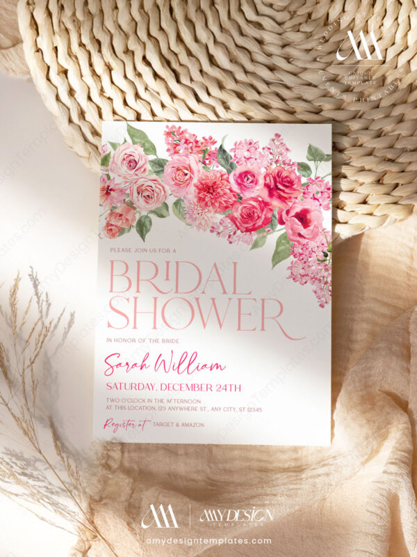 Hot Pink Floral Bridal Shower Invitation Template