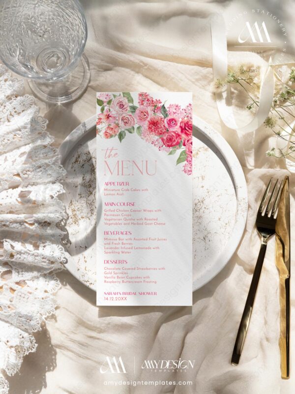 Hot Pink Shower Menu Template | Pink Wedding Menu Template | Dessert Menu Card