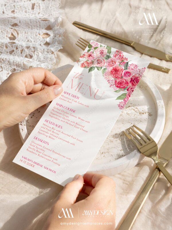 Alternative view of Hot Pink Shower Menu Template | Pink Wedding Menu Template | Dessert Menu Card