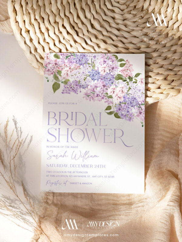 8+ Free Printable Bridal Shower Invitation Templates: Your Guide to a Personalized Celebration Purple Bridal Shower Invitation Card | Lilac Hydrangea Printable Template Instant Download