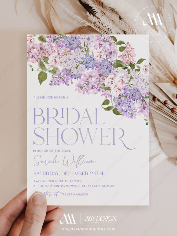 Purple Bridal Shower Invitation Card | Lilac Hydrangea Printable Template Instant Download