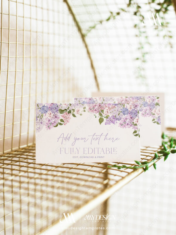 Purple Floral Wedding Place Card Template | Editable Placecards | Lilac Hydrangeas Bridal Shower Table Seating Card