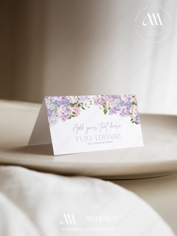 Alternative view of Purple Floral Wedding Place Card Template | Editable Placecards | Lilac Hydrangeas Bridal Shower Table Seating Card