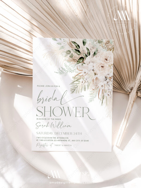 Boho Greenery Bridal Shower Invitation Template Editable | Rustic Sage Green Pampas Invite