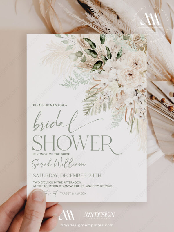Boho Greenery Bridal Shower Invitation Template Editable | Rustic Sage Green Pampas Invite