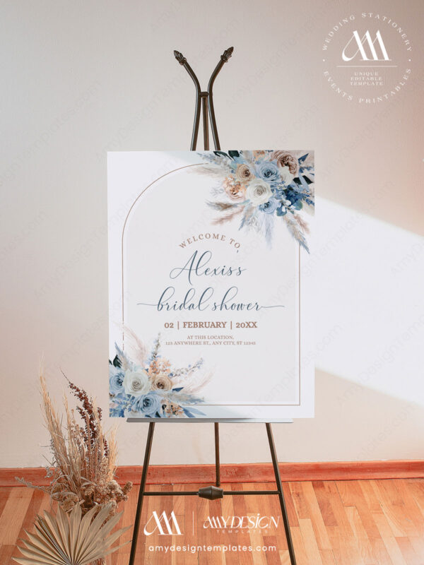 Blue Bohemian Bridal Shower Welcome Sign | Printable Bohemian Bridal Shower Entrance Sign