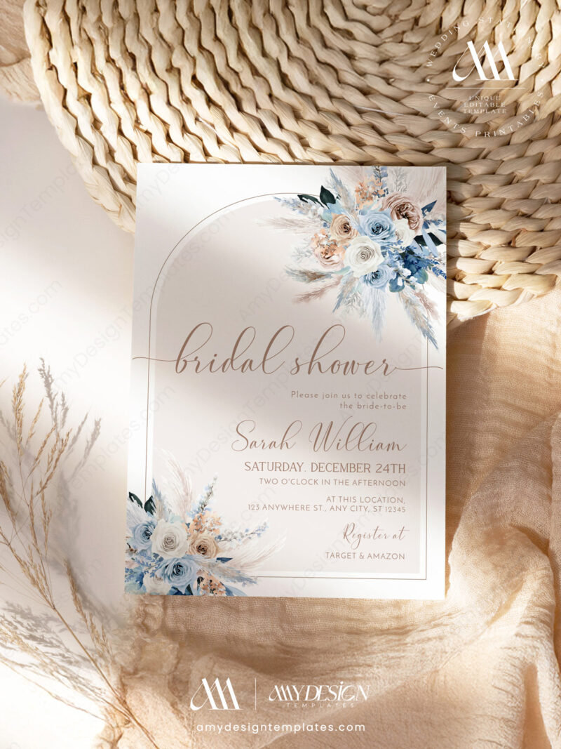 Dusty Blue Boho Bridal Shower Invitation Template | Pampas Grass ...