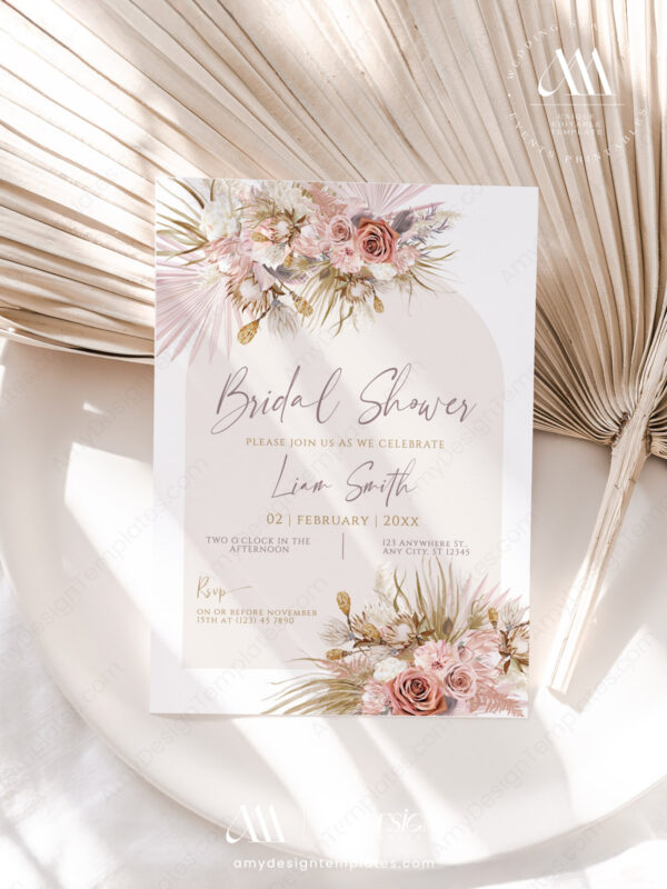 Pink Bohemian Boho Bridal Shower Invitation | Template Editable Pampas Grass Invite Printable