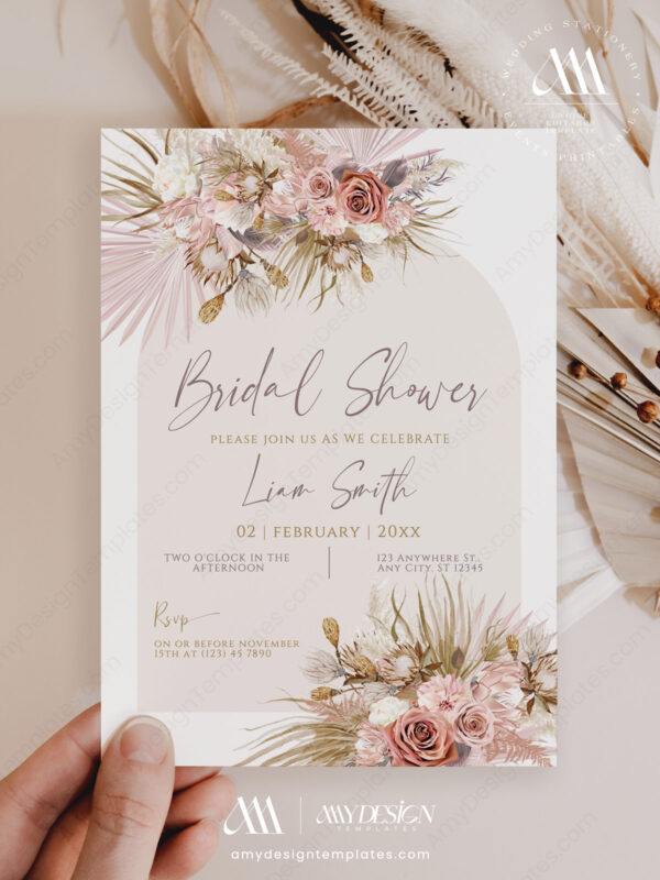 Pink Bohemian Boho Bridal Shower Invitation | Template Editable Pampas Grass Invite Printable