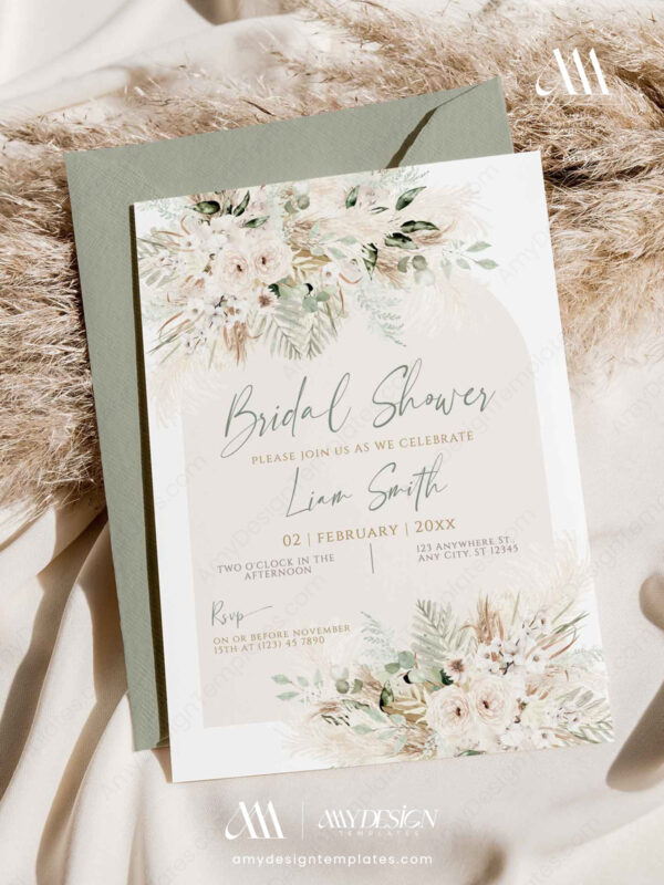 Green Boho Bridal Shower Invitation Template Editable | Greenery Pampas Grass Invite Printable