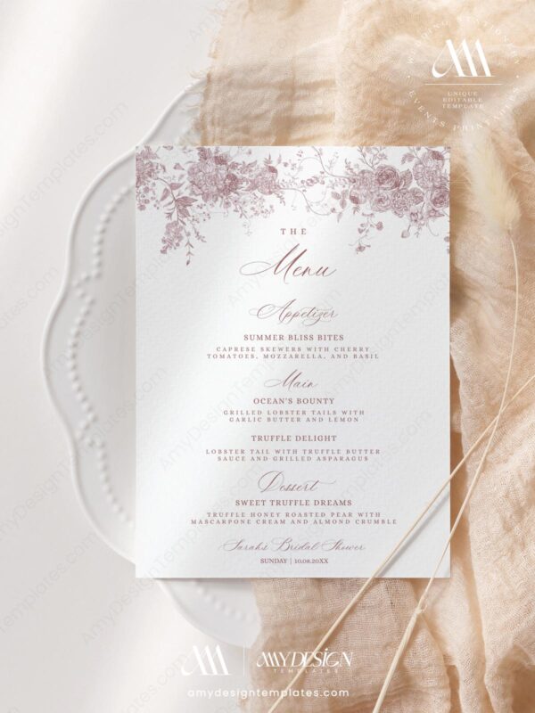 Alternative view of Floral Toile Wedding Menu Template | French Toile Menu Card | Dessert Menus | Dinner Menu Cards