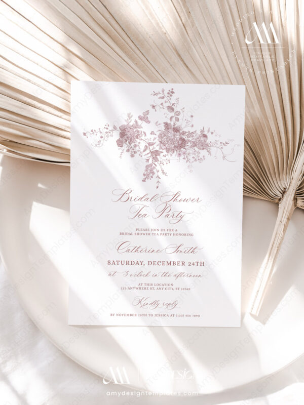 Minimalist Pink Floral Bridal Shower Invitation Template Editable