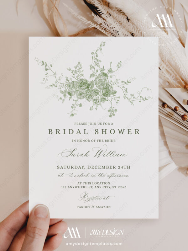 Minimalist Green Floral Bridal Shower Invitation Template | Monogram Greenery Invite Printable Editable