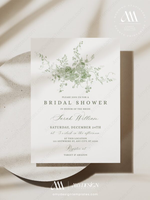 Minimalist Green Floral Bridal Shower Invitation Template | Monogram Greenery Invite Printable Editable